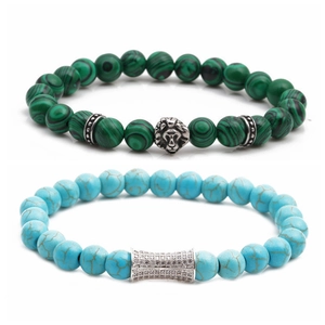 Malachite and turquoise beaded bracelet set featuring silver lion head and rectangular charms
