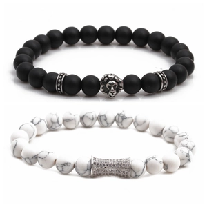 Matte black lion head bead bracelet set with white turquoise stone for men and women