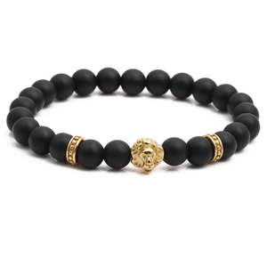 8mm matte black stone beaded bracelet with golden lion head charm for men