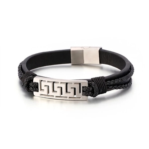 Men Bracelet Multi-Layer Braided Cowhide Leather Stainless Steel Magnetic Clasp Greek Key Meander Vintage Fashion Jewelry