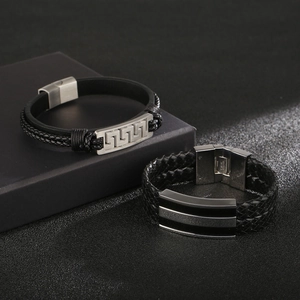Mens multi-layer braided black leather bracelet set with Greek key stainless steel clasp