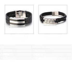 Detail of wide braided leather bracelets with stainless steel Greca pattern clasps