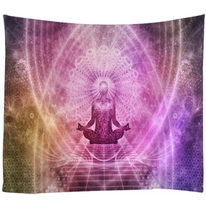 Abstract Buddha silhouette yoga tapestry with mandala patterns and chakra energy colors