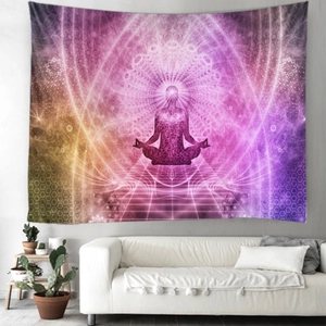 Detail showing high-quality abstract Buddha tapestry in a cozy living room setting