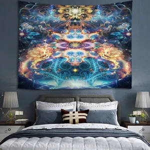 Modern psychedelic tapestry with fractal mandala patterns for bedroom wall decor
