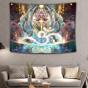 Macro detail of Om symbol tapestry with spiritual mandala and nebula patterns in a room