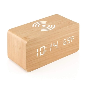 Minimalist wooden LED digital alarm clock with wireless charging surface and temperature display