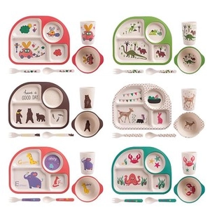 Overview of six different cartoon bamboo fiber 5-piece dinnerware sets for children