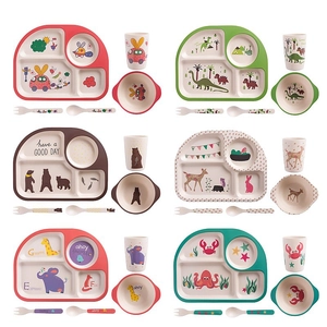 Bamboo fiber kids dinnerware set with divided plate and cute cartoon animal patterns