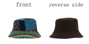 Detailed comparison showing both front multi-color paisley and reverse solid brown bucket hat