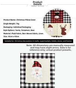Detail showing Santa, snowman and elk appliques on red and black plaid linen pillowcases