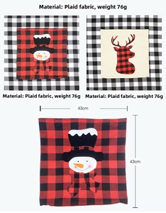 Detailed view of red and black plaid Christmas pillow covers showing 43x43cm dimensions