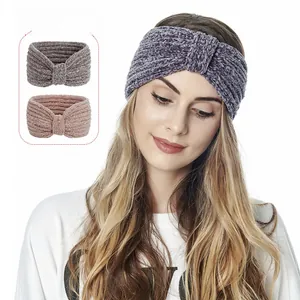 Detail of soft knotted chenille knit headband showing plush texture and elastic weave