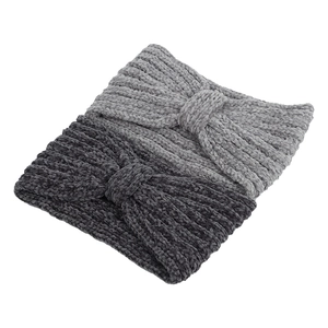 Detailed texture of thick chenille knit ear warmer headband with ribbed knot design