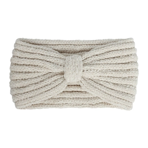 Detailed close-up of warm beige chenille knitted headband with vertical ribbed texture