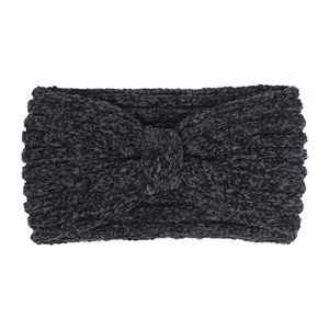 Detail of black chenille knit headband showing the thick texture and twist knot design