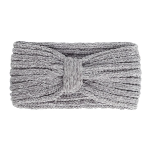 Close-up of light grey chenille knitted headband featuring a thick knotted bow design
