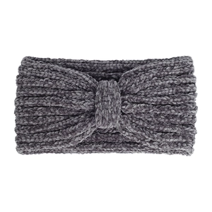 Close-up of dark grey chenille knit headband showing soft texture and twisted knot