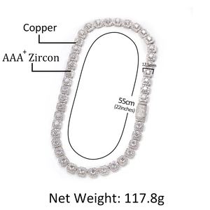 Silver hip hop chain made of copper and AAA+ zircon, 12.5mm width and 55cm length