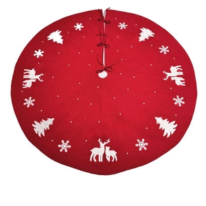 48 inch red acrylic Christmas tree skirt with white reindeer and snowflake patterns
