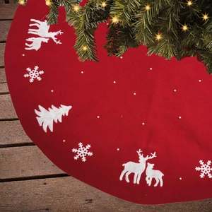 48 inch red acrylic Christmas tree skirt with reindeer, snowflake embroidery and pearls