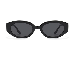 Detail view of oval black plastic sunglasses frame with smooth lines and dark grey lenses