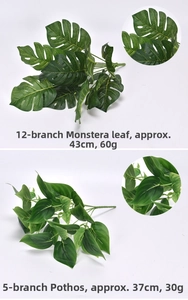 Detail view of artificial monstera and pothos leaves showing size and weight specs