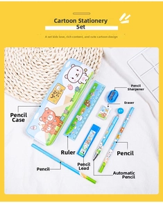 Detailed blue stationery set with bear graphics, including pencil case, ruler and pencils