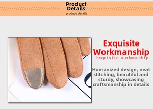 Detail von warmen braunen Wildlederhandschuhen mit leitfähigem Touchscreen Stoff an der Spitze
