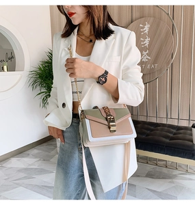 Detail view of stylish color-block crossbody bag with gold buckle and chain strap