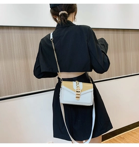 Modern two-tone beige PU leather crossbody bag with chain and wide shoulder strap
