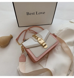 Detail of color-block bag with golden chain, metal buckle and dual strap options
