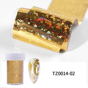 Detailed holographic gold nail art foil set with storage bottle and sample nail tip