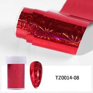 Detail of red holographic nail transfer foil with laser fireworks pattern and storage jar