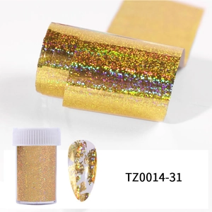Detailed holographic gold foil roll and container for DIY nail art decoration and design