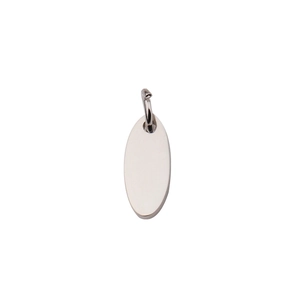 Polished silver oval stainless steel pendant with connector ring on white background