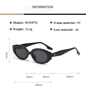 Detailed size specifications for vintage oval sunglasses with lightweight PC frame