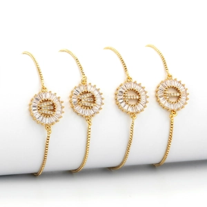 Adjustable gold plated letter bracelet with zircon pave circular pendant for women