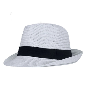 Detail showing white straw weave texture and black grosgrain ribbon on the fedora hat