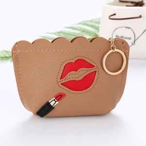 Khaki PU leather coin purse with cute embroidered red lips and lipstick pattern