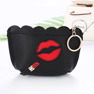 Mini black PU leather coin purse with red lip embroidery and lipstick decor