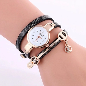 Elegant multi-layer black PU wrap watch with gold metal bars and crystal charms