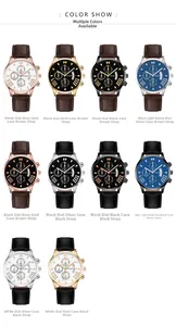 Detail view of ten varied color combinations for men's fashion three-eye quartz watches