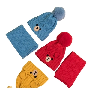 Fleece-lined kids knit hat and scarf set with cute bear design and colorful pom poms