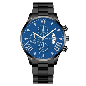 YOLAKO Men's Business Chronograph Watch with Dark Blue Dial and Black Metal Link Bracelet