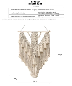 Detail view of handmade bohemian wall tapestry with cotton fringe and size dimensions