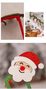 Close-up of glittery Santa Claus glasses featuring a red hat and green sparkling frame
