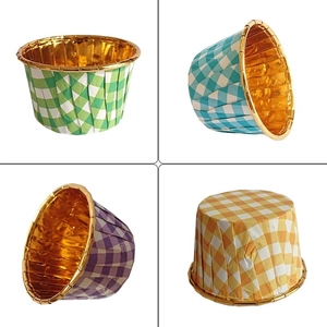 Set of 50 gold foil lined gingham muffin cups in green, blue, purple, and orange colors