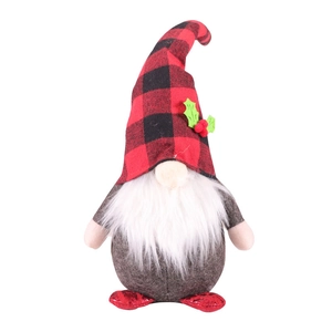 Christmas faceless gnome doll with red black plaid hat and white beard decoration