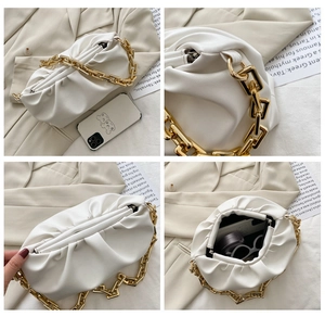 Detailed views of a white pleated cloud bag featuring a chunky gold chain strap and soft PU leather
